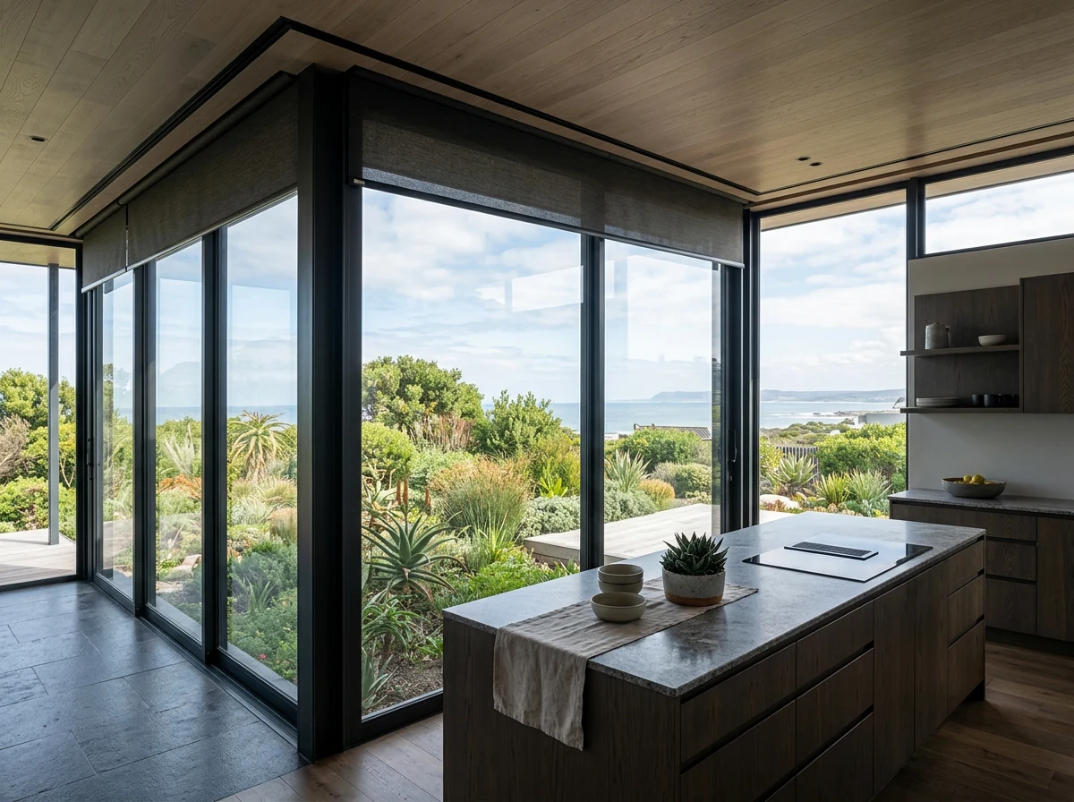 Roller blind concealed in a recessed ceiling pelmet in a modern glass extension in Hermanus