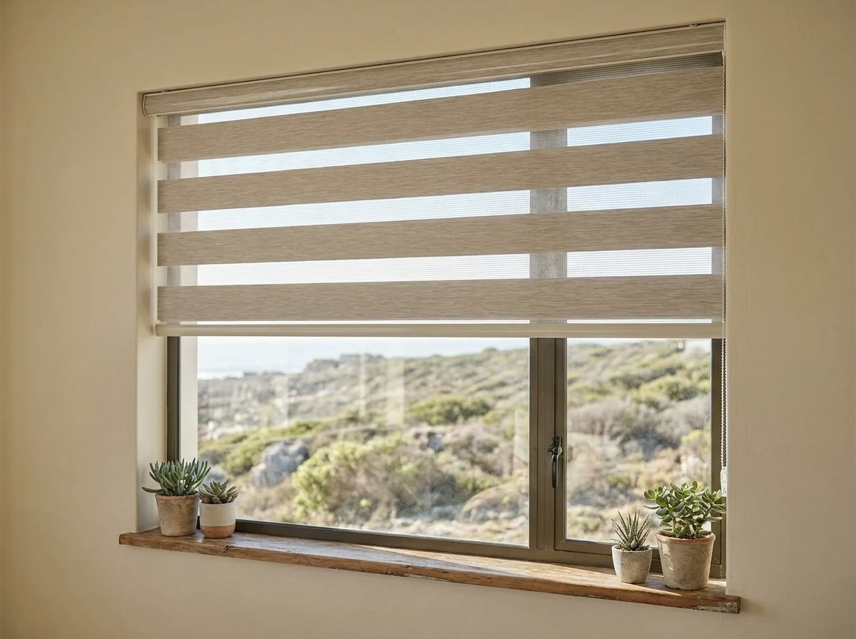 Day and night banded roller blind rolled to half privacy on a Hermanus bedroom window