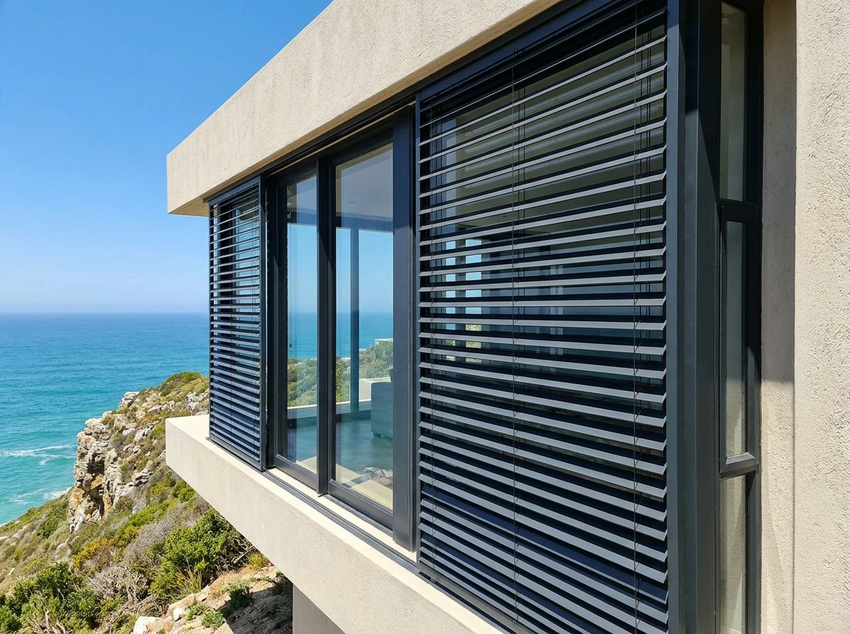 External aluminium venetian blinds mounted outside the glass on a modern Hermanus cliffside home facade