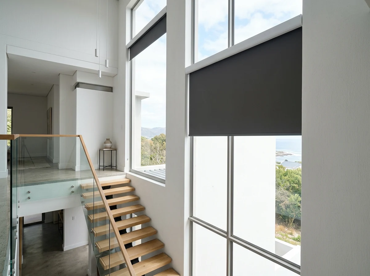Motorised roller blind on an automated headrail above a double-volume stairwell window in a Hermanus home