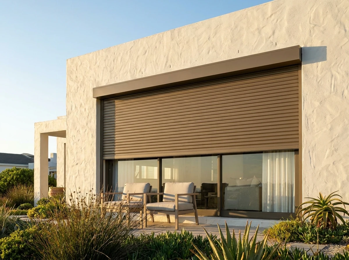 Aluminium roller shutter partially lowered on a Hermanus home facade for sun control